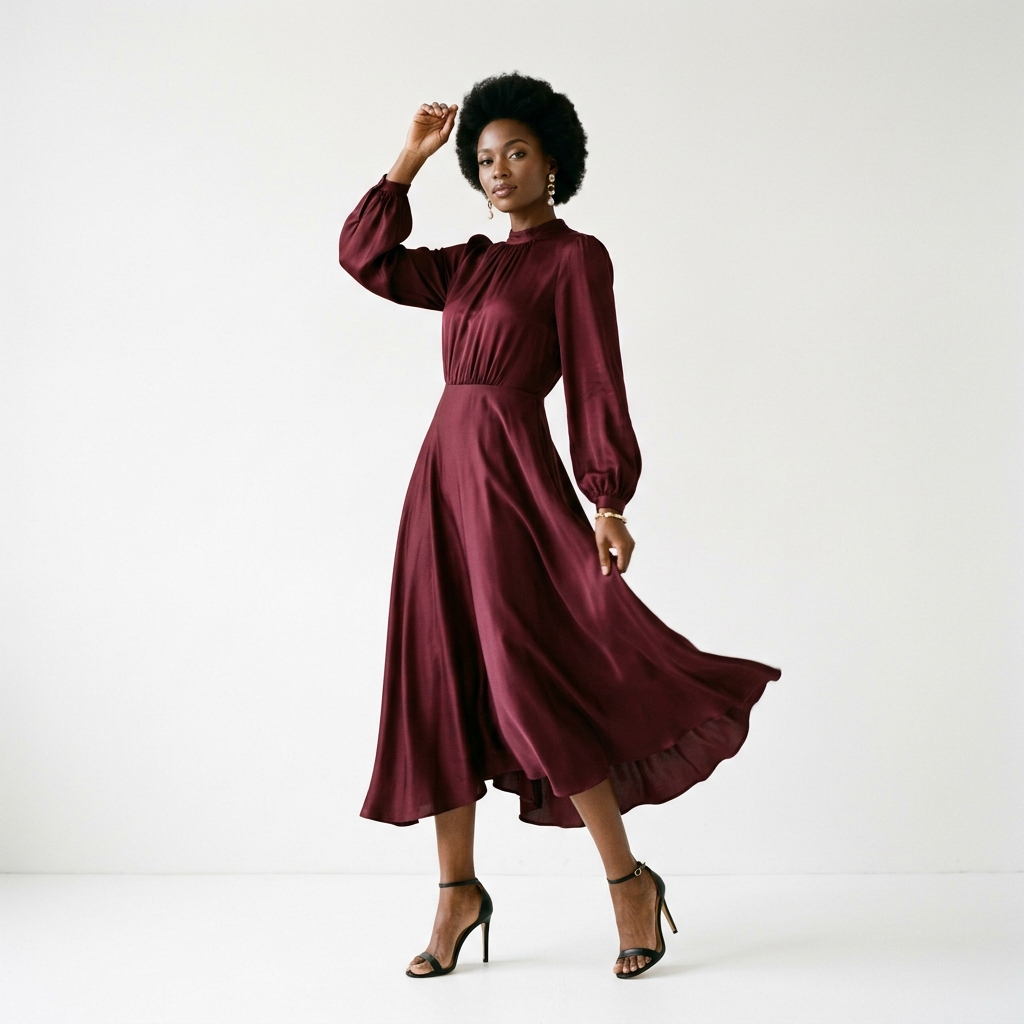 Vestido Midi em Seda Borgonha